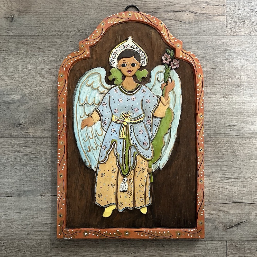 Hand‑Carved Hand‑Painted Folk Art Angel Wooden Wall Plaque Rustic Primitive